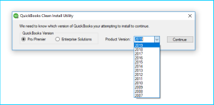 QuickBooks Error Code 1722 Select-QuickBooks-version-and-product-version-in-clean-install-tool